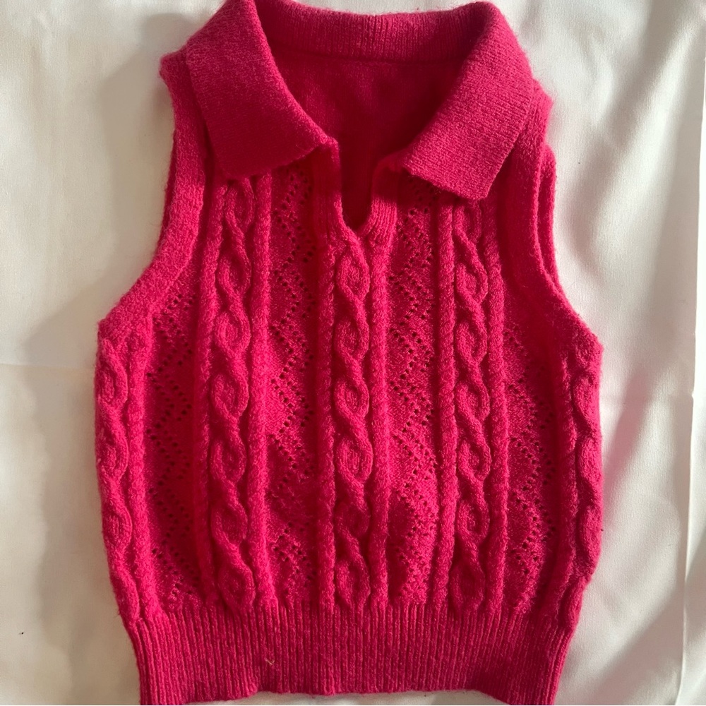 Kids Girls Size 6 Hot Pink Cable Knit collared‎ V-Neck Sweater Vest